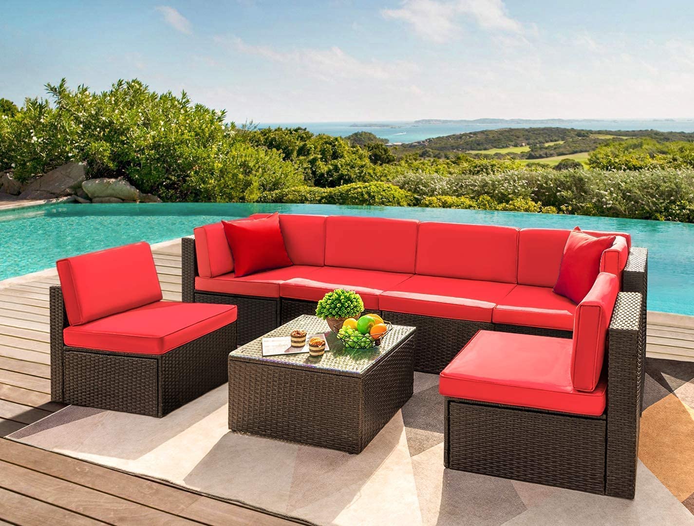 Patio Watcher Patio Furniture Sets 6 Pieces Outdoor Sectional Rattan Sofa Manual Weaving Wicker Patio Conversation Set with Glass Table and Cushion