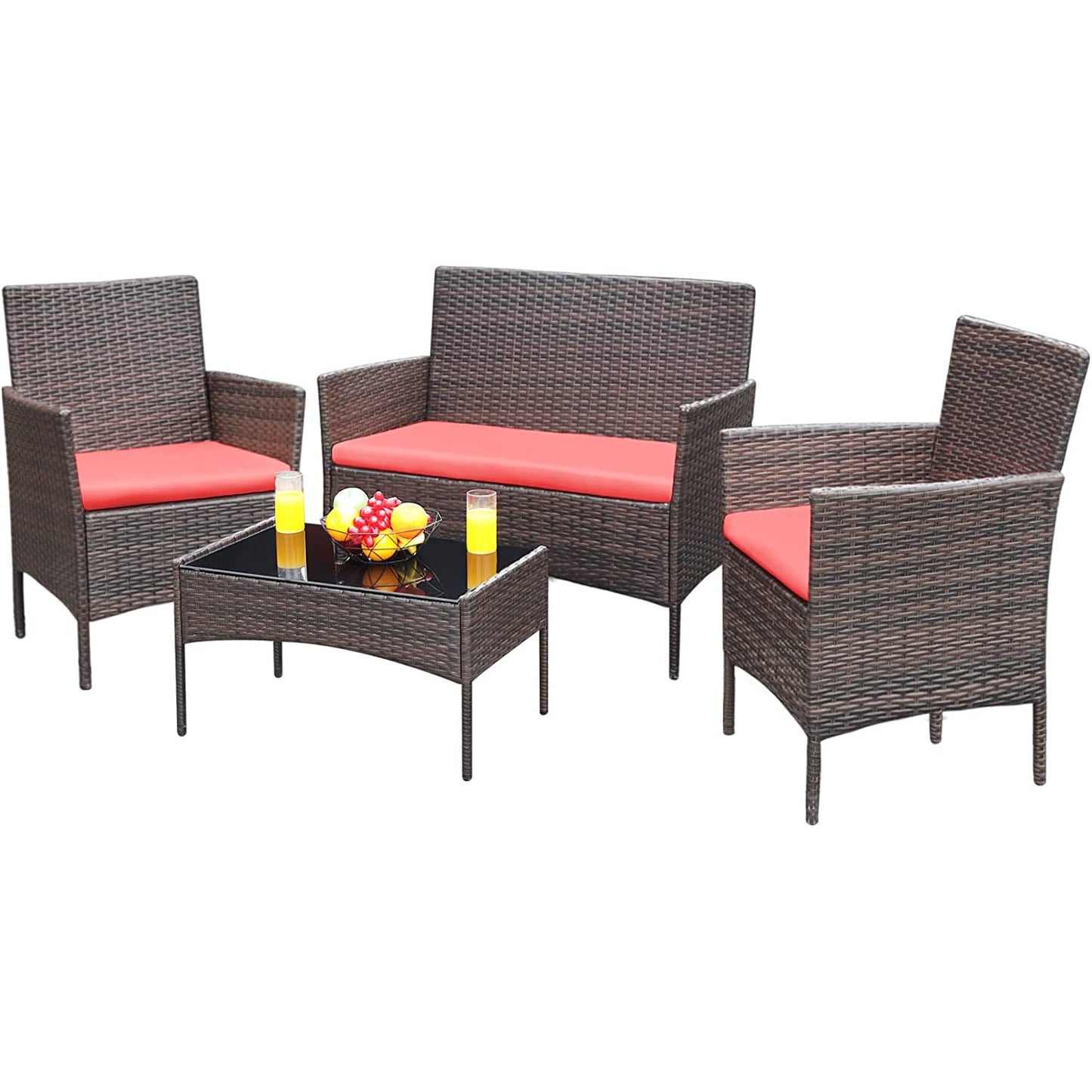 Patio Watcher Patio Furniture 4 Pieces Conversation Sets Outdoor Wicker Rattan Chairs Garden Backyard Balcony Porch Poolside loveseat with Soft Cushion and Glass Table