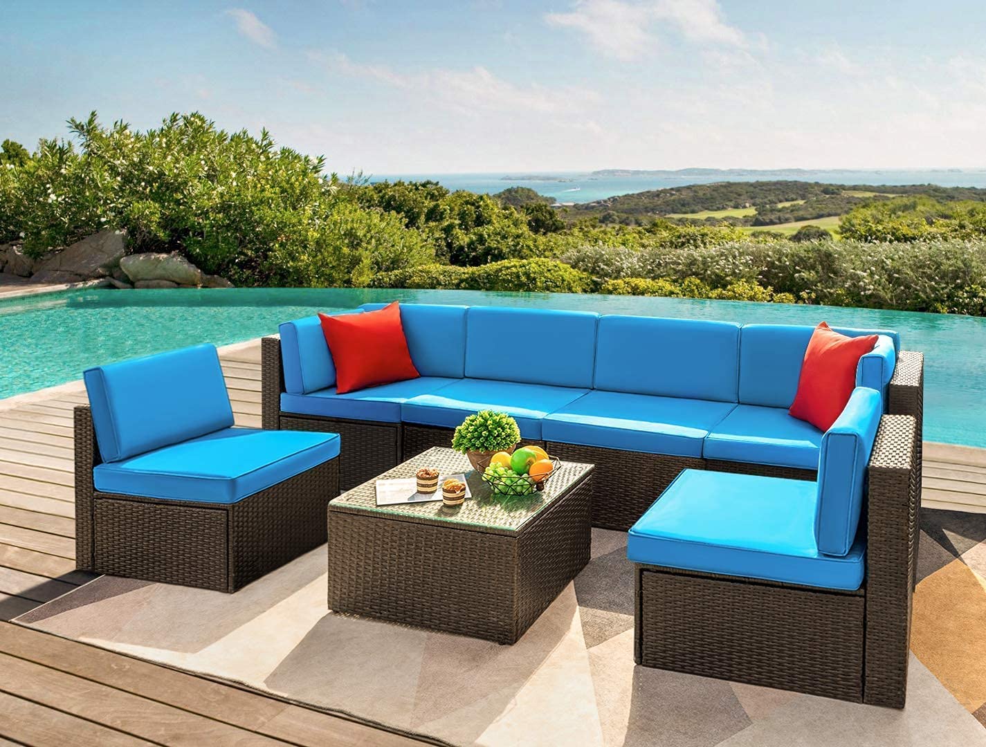 Patio Watcher Patio Furniture Sets 6 Pieces Outdoor Sectional Rattan Sofa Manual Weaving Wicker Patio Conversation Set with Glass Table and Cushion