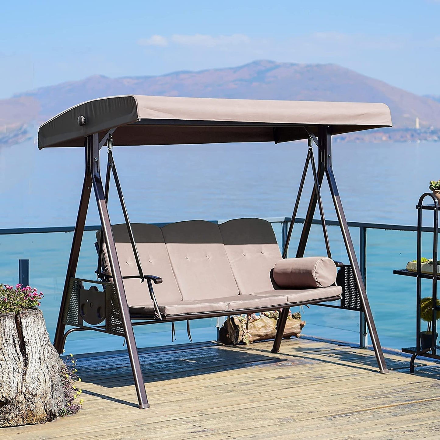 Patio Watcher 3-Seat Deluxe Outdoor Patio Porch Swing with Cup,Weather Resistant Steel Frame, Adjustable Tilt Canopy
