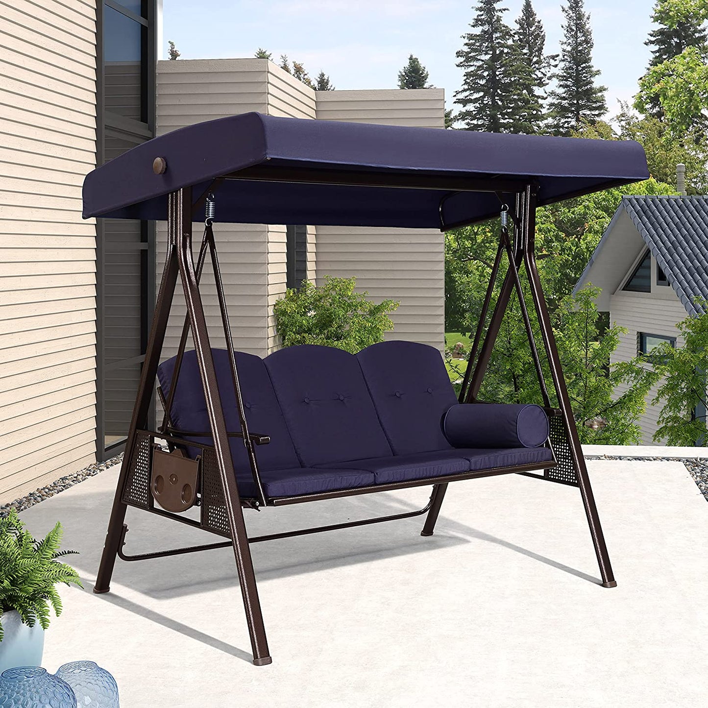 Patio Watcher 3-Seat Deluxe Outdoor Patio Porch Swing with Cup,Weather Resistant Steel Frame, Adjustable Tilt Canopy