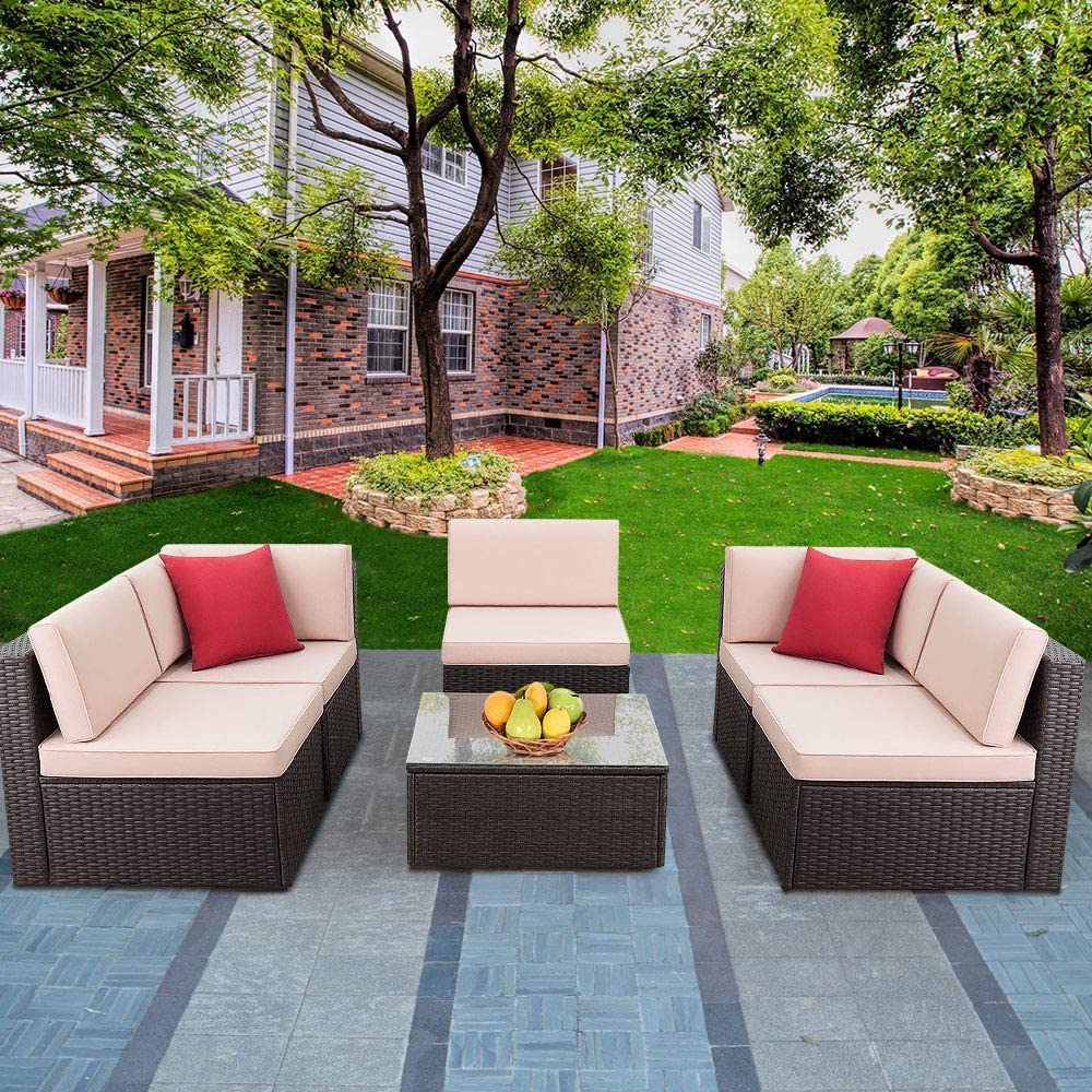 Patio Watcher Patio Furniture Sets 6 Pieces Outdoor Sectional Rattan Sofa Manual Weaving Wicker Patio Conversation Set with Glass Table and Cushion