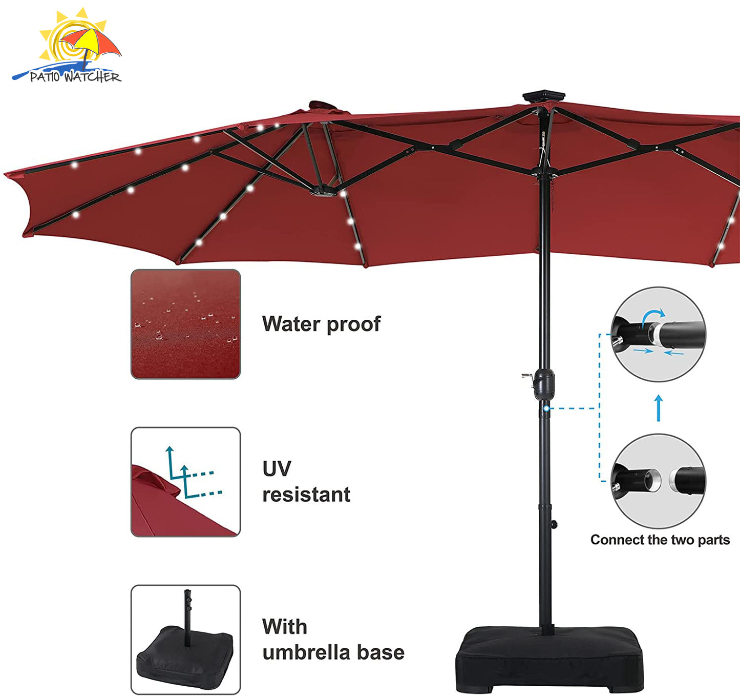 Patio Watcher 15-Ft Solar Patio Double Sided Umbrella