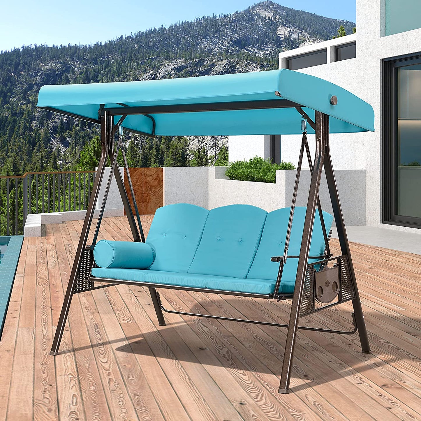 Patio Watcher 3-Seat Deluxe Outdoor Patio Porch Swing with Cup,Weather Resistant Steel Frame, Adjustable Tilt Canopy