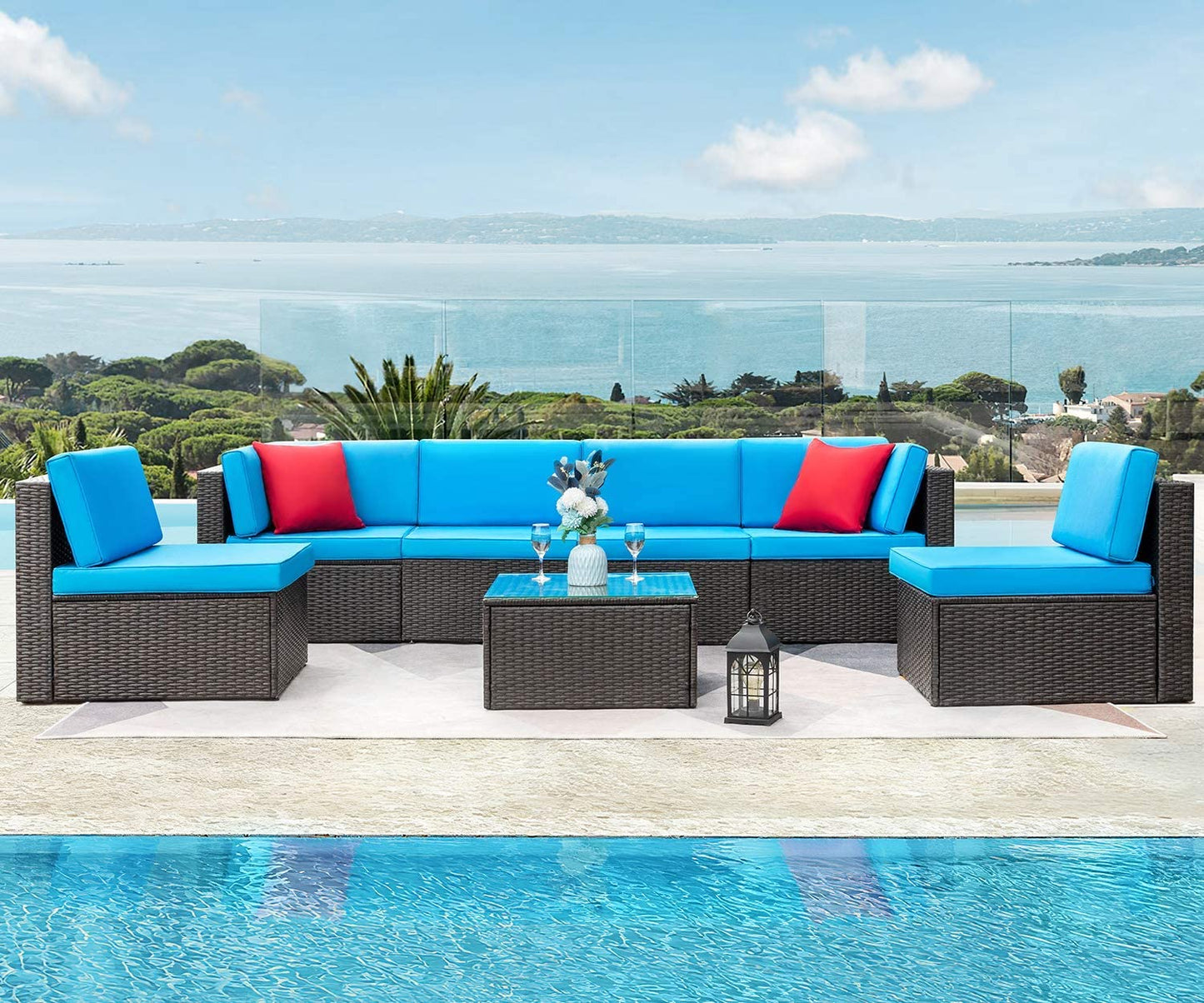 Patio Watcher Patio Furniture Sets 6 Pieces Outdoor Sectional Rattan Sofa Manual Weaving Wicker Patio Conversation Set with Glass Table and Cushion