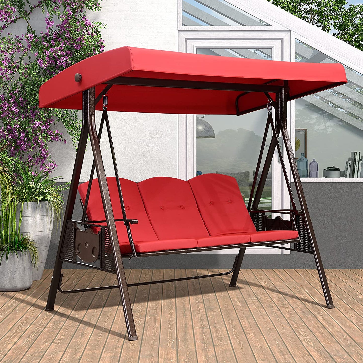 Patio Watcher 3-Seat Deluxe Outdoor Patio Porch Swing with Cup,Weather Resistant Steel Frame, Adjustable Tilt Canopy