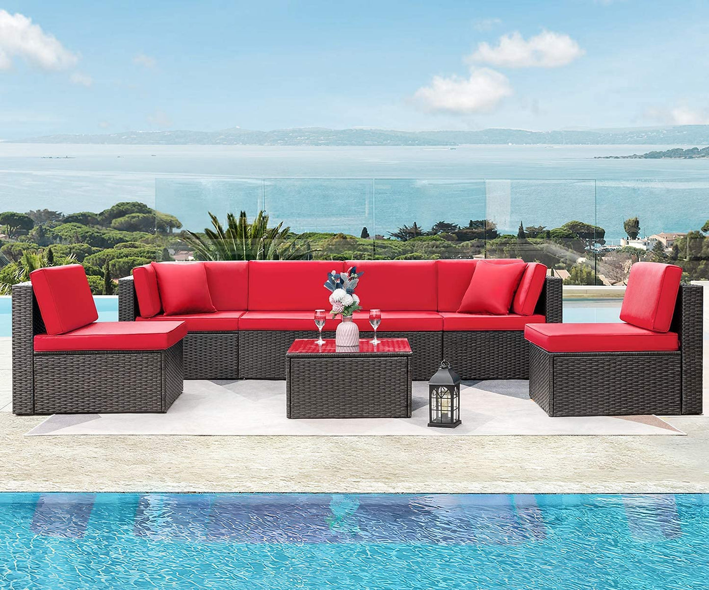 Patio Watcher 7 Pieces Outdoor Sectional Sofa Patio Furniture Sets Manual Weaving Wicker Rattan Patio Conversation Sets with Cushion and Glass Table