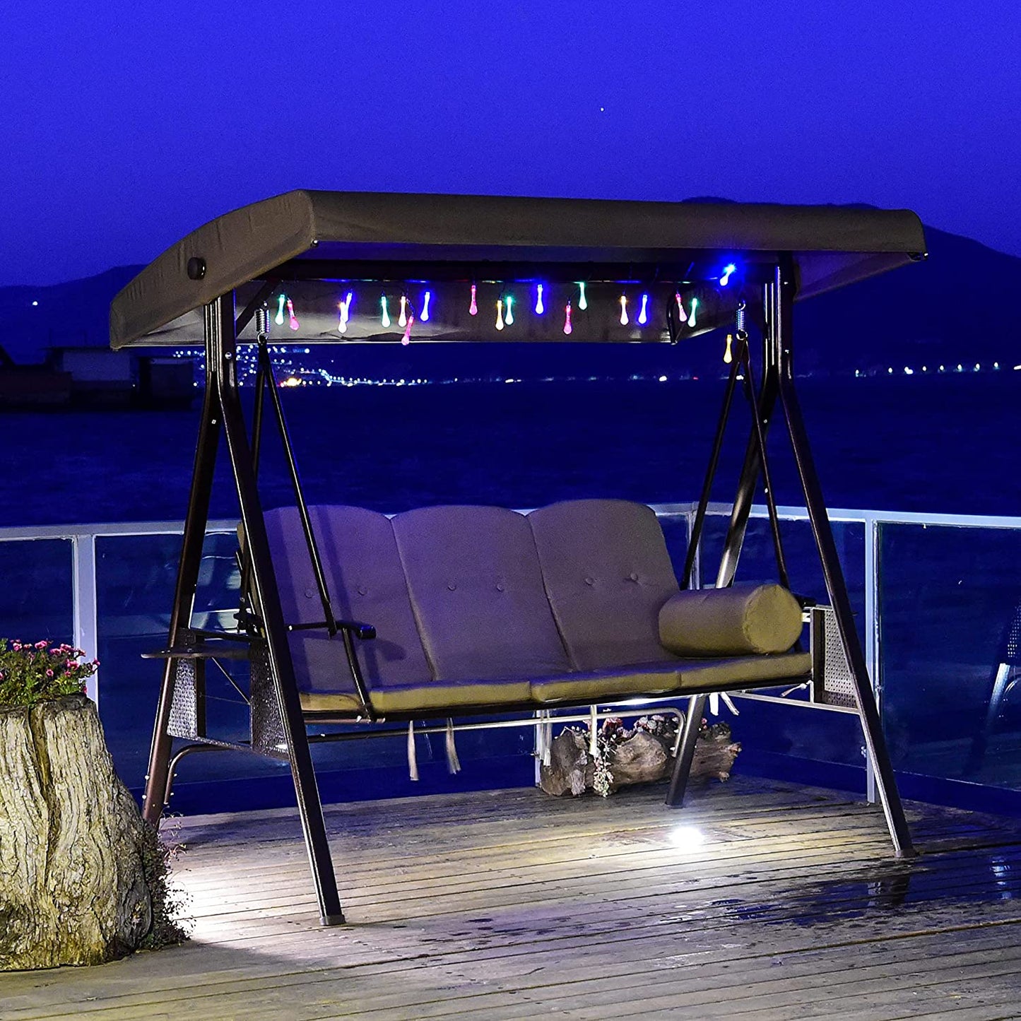 Patio Watcher 3-Seat Deluxe Outdoor Patio Porch Swing with Cup,Weather Resistant Steel Frame, Adjustable Tilt Canopy