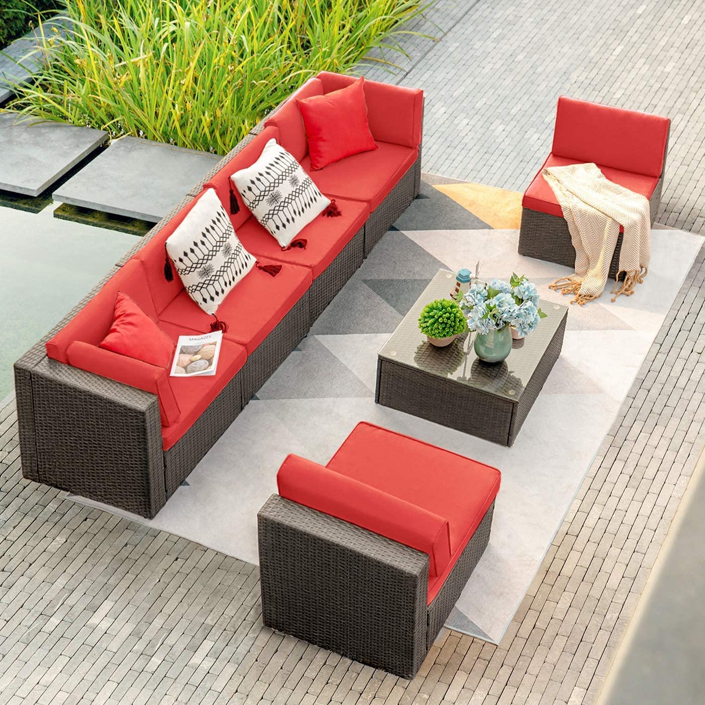 Patio Watcher Patio Furniture Sets 6 Pieces Outdoor Sectional Rattan Sofa Manual Weaving Wicker Patio Conversation Set with Glass Table and Cushion