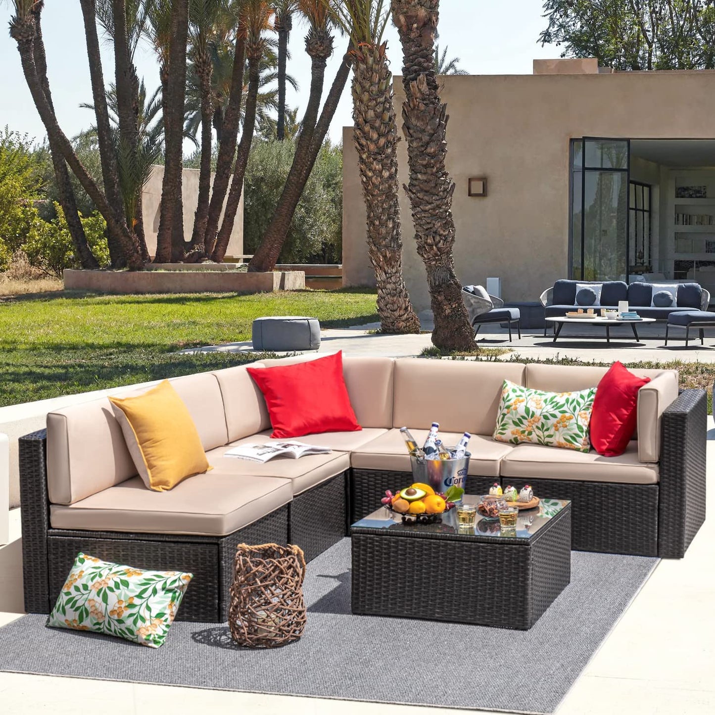Patio Watcher Patio Furniture Sets 6 Pieces Outdoor Sectional Rattan Sofa Manual Weaving Wicker Patio Conversation Set with Glass Table and Cushion