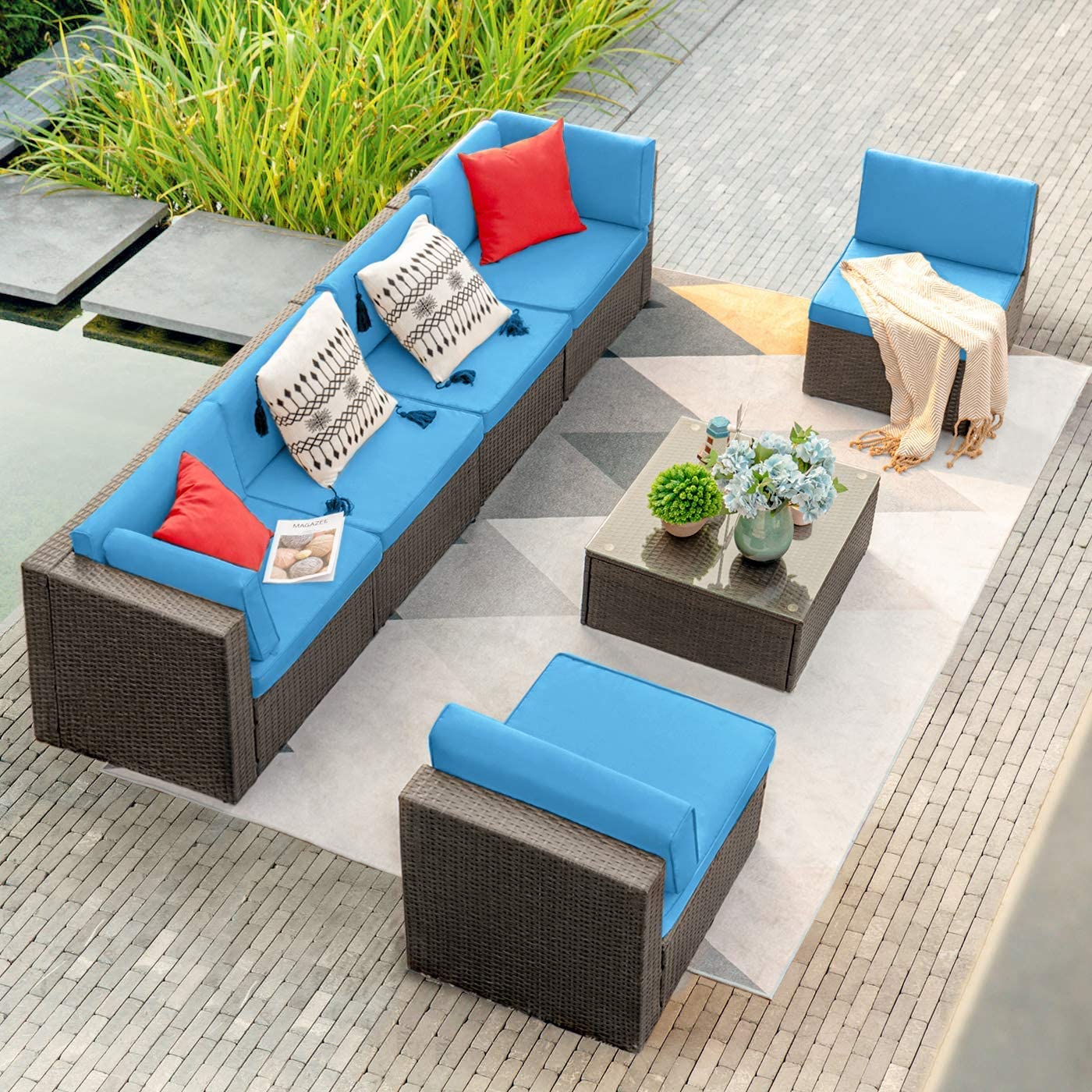 Patio Watcher Patio Furniture Sets 6 Pieces Outdoor Sectional Rattan Sofa Manual Weaving Wicker Patio Conversation Set with Glass Table and Cushion