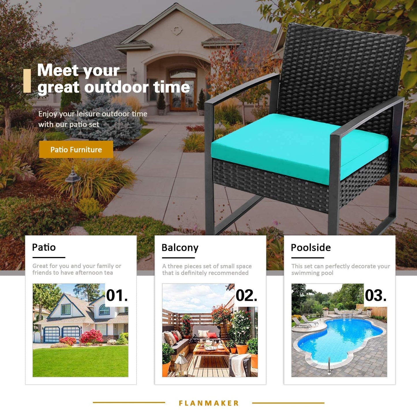 Patio Watcher 3 Pieces Patio Set Outdoor Wicker Patio Furniture Sets With Table