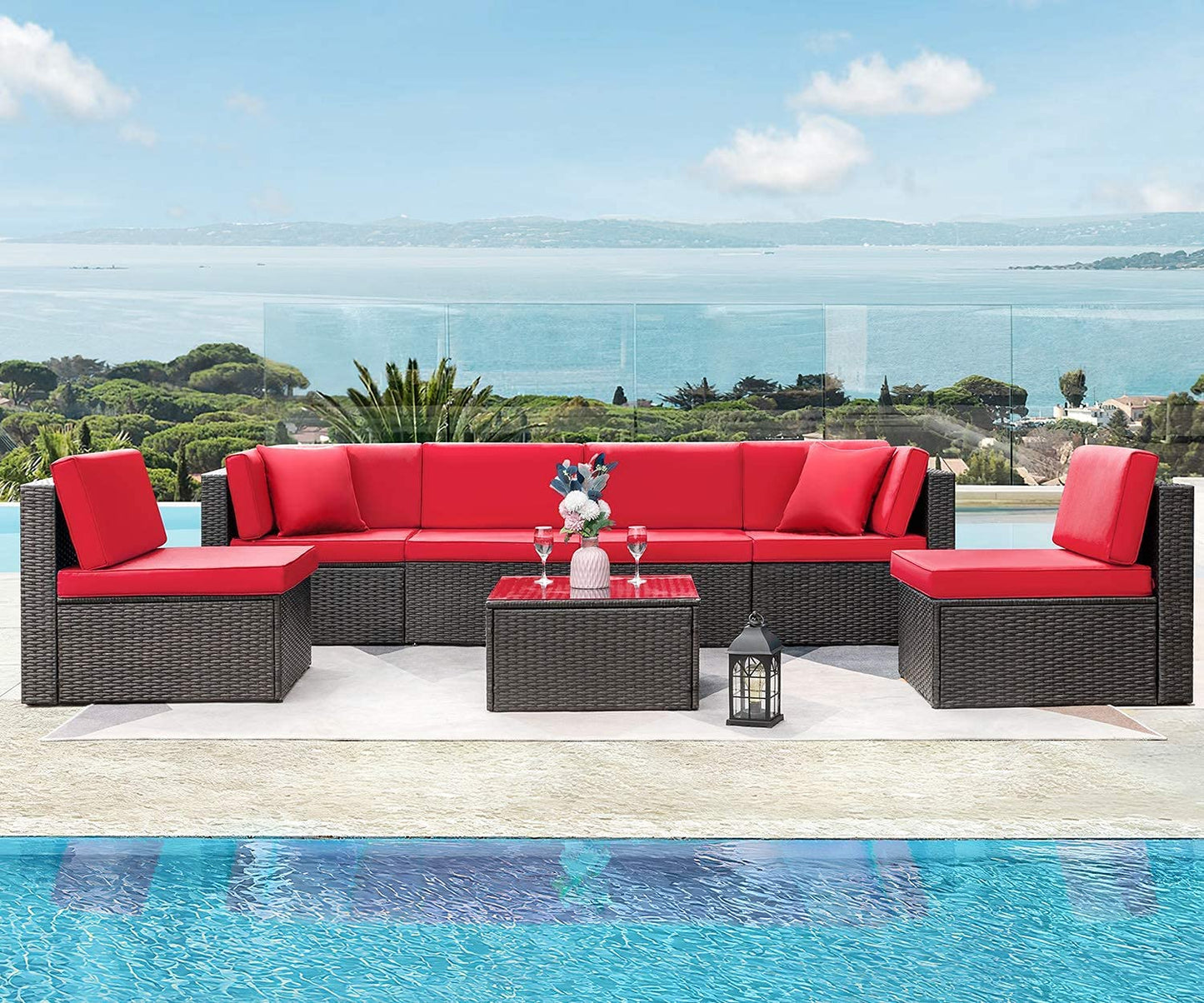 Patio Watcher Patio Furniture Sets 6 Pieces Outdoor Sectional Rattan Sofa Manual Weaving Wicker Patio Conversation Set with Glass Table and Cushion