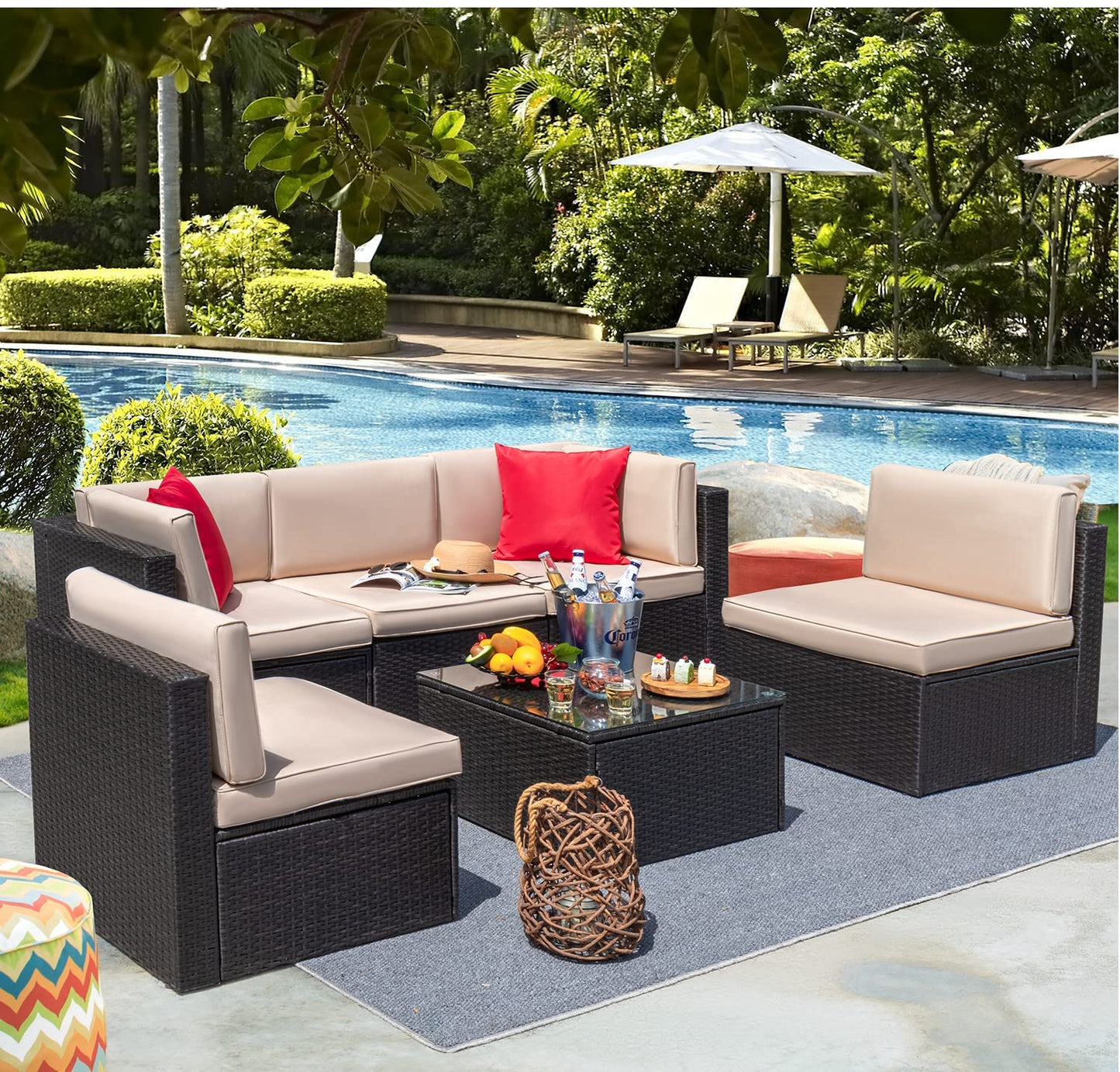 Patio Watcher Patio Furniture Sets 6 Pieces Outdoor Sectional Rattan Sofa Manual Weaving Wicker Patio Conversation Set with Glass Table and Cushion