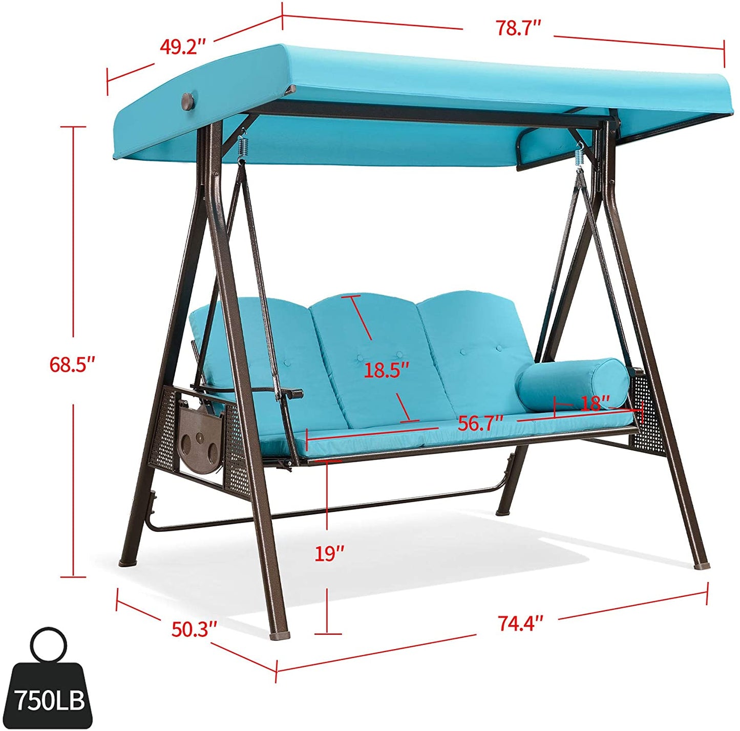 Patio Watcher 3-Seat Deluxe Outdoor Patio Porch Swing with Cup,Weather Resistant Steel Frame, Adjustable Tilt Canopy