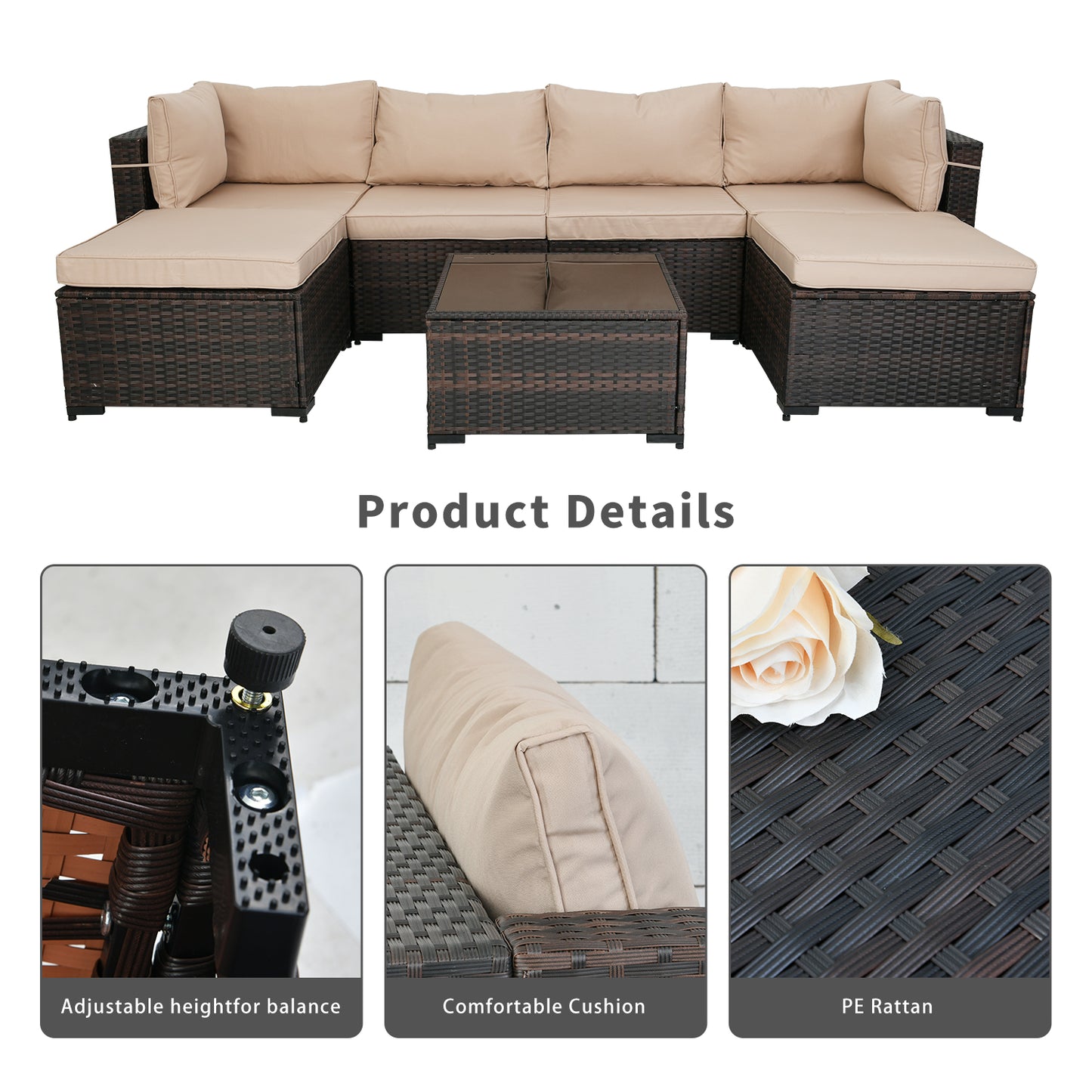Patio Watcher Patio Furniture Sets 6 Pieces Outdoor Sectional Rattan Sofa Manual Weaving Wicker Patio Conversation Set with Glass Table and Cushion