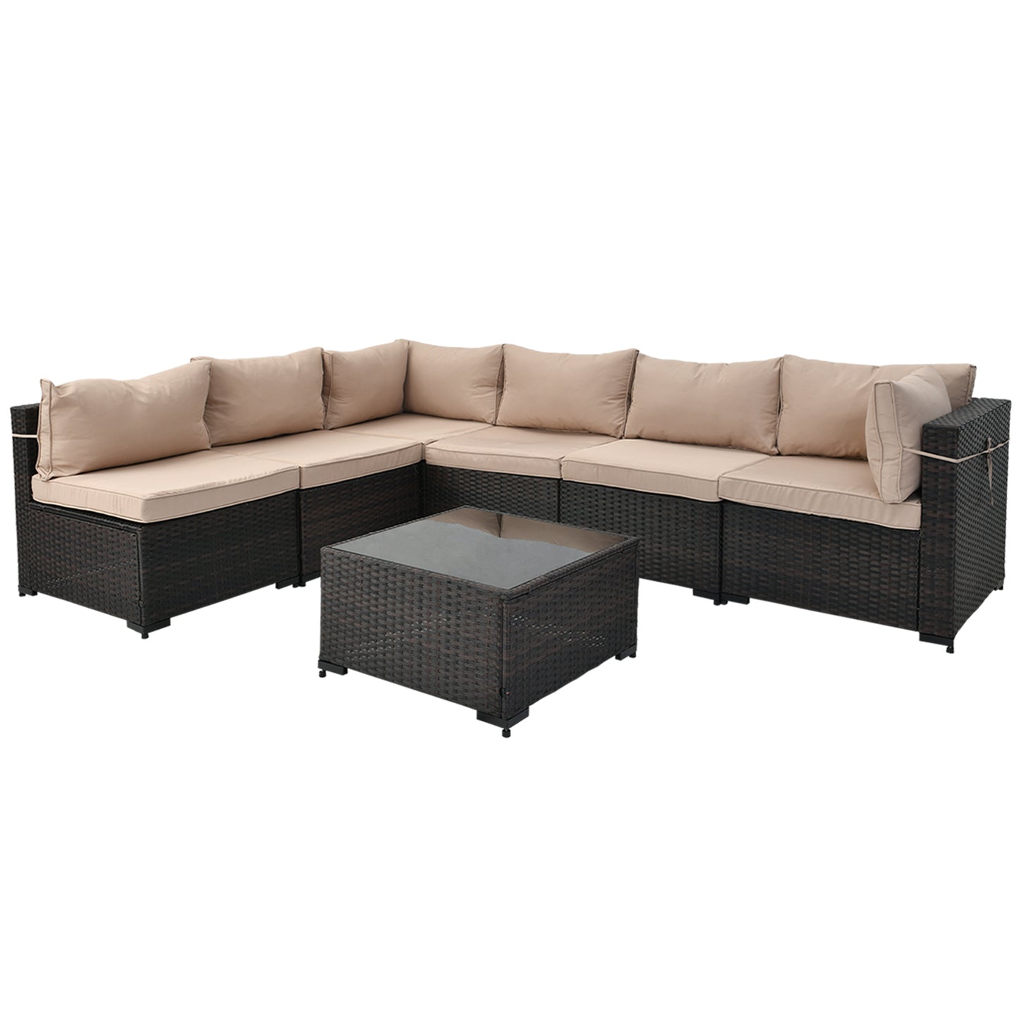 Patio Watcher 7 Pieces Outdoor Sectional Sofa Patio Furniture Sets Manual Weaving Wicker Rattan Patio Conversation Sets with Cushion and Glass Table