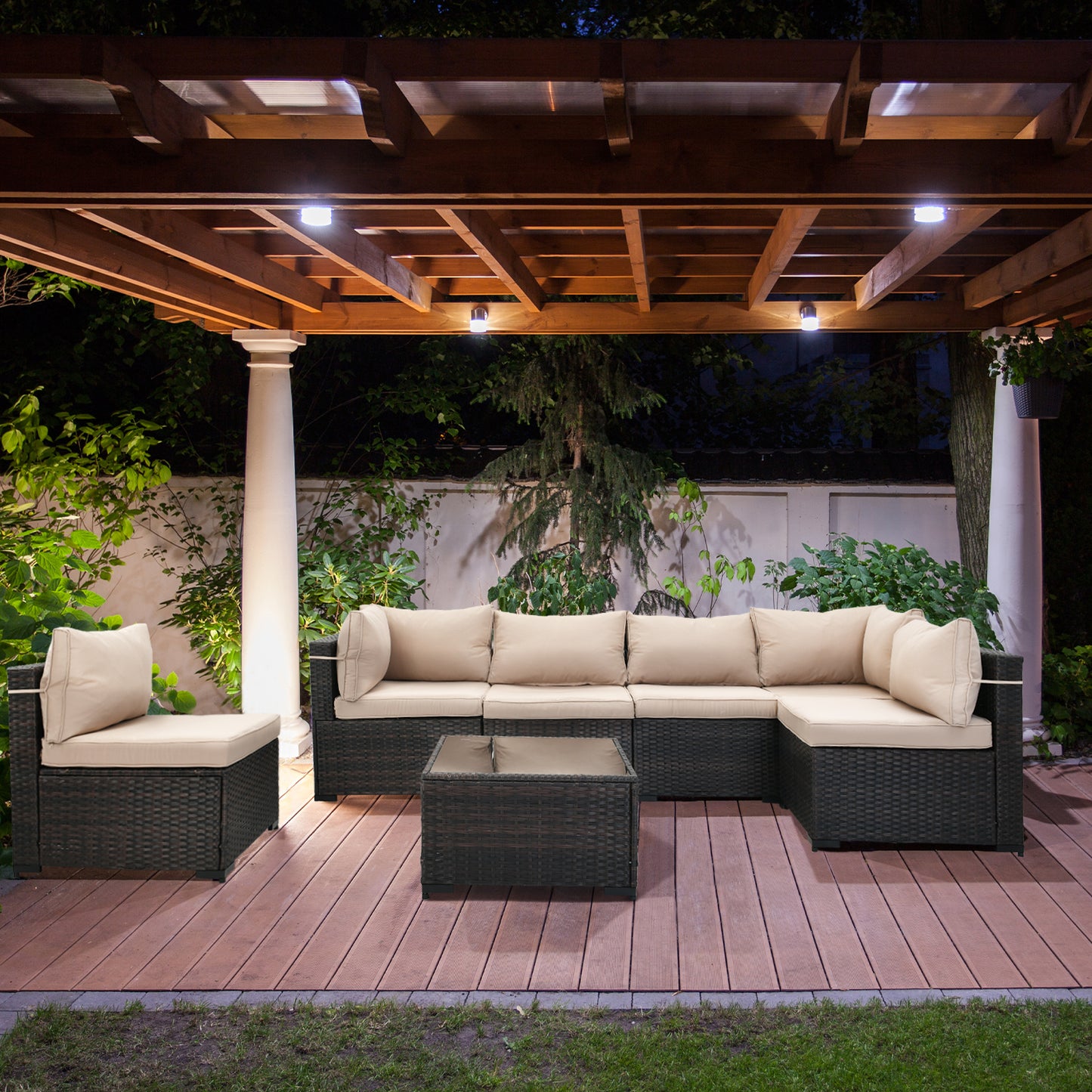 Patio Watcher 7 Pieces Outdoor Sectional Sofa Patio Furniture Sets Manual Weaving Wicker Rattan Patio Conversation Sets with Cushion and Glass Table