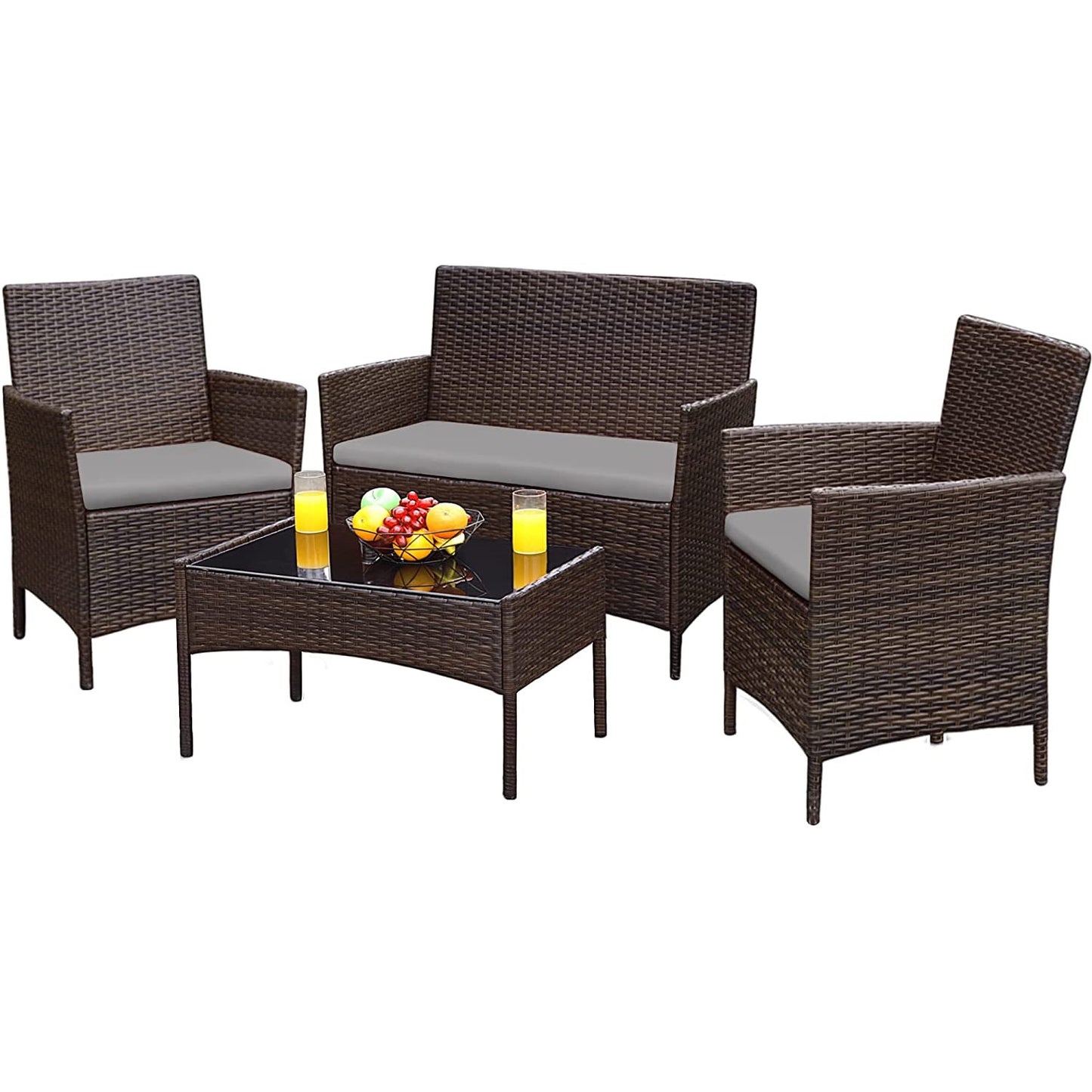 Patio Watcher Patio Furniture 4 Pieces Conversation Sets Outdoor Wicker Rattan Chairs Garden Backyard Balcony Porch Poolside loveseat with Soft Cushion and Glass Table