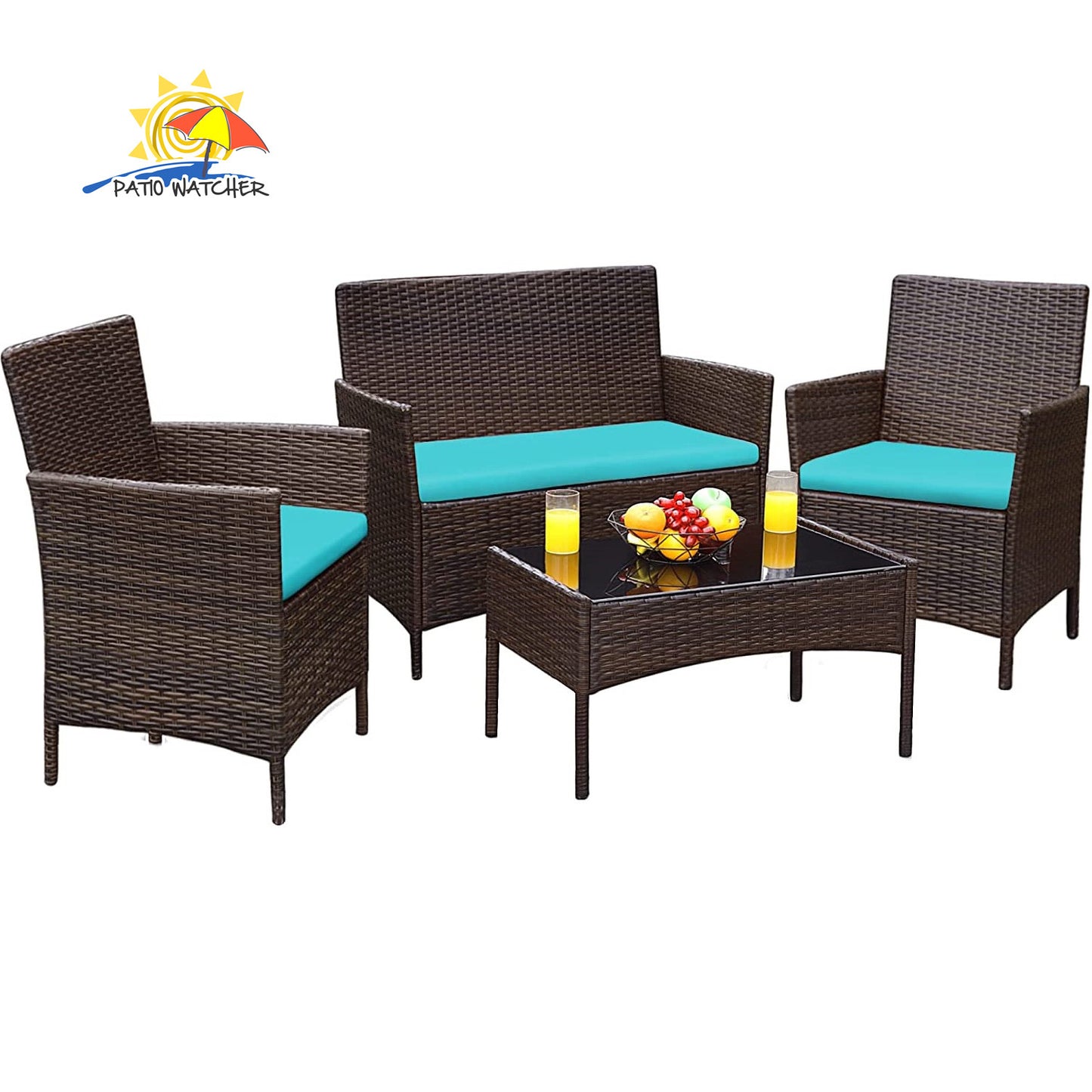 Patio Watcher Patio Furniture 4 Pieces Conversation Sets Outdoor Wicker Rattan Chairs Garden Backyard Balcony Porch Poolside loveseat with Soft Cushion and Glass Table