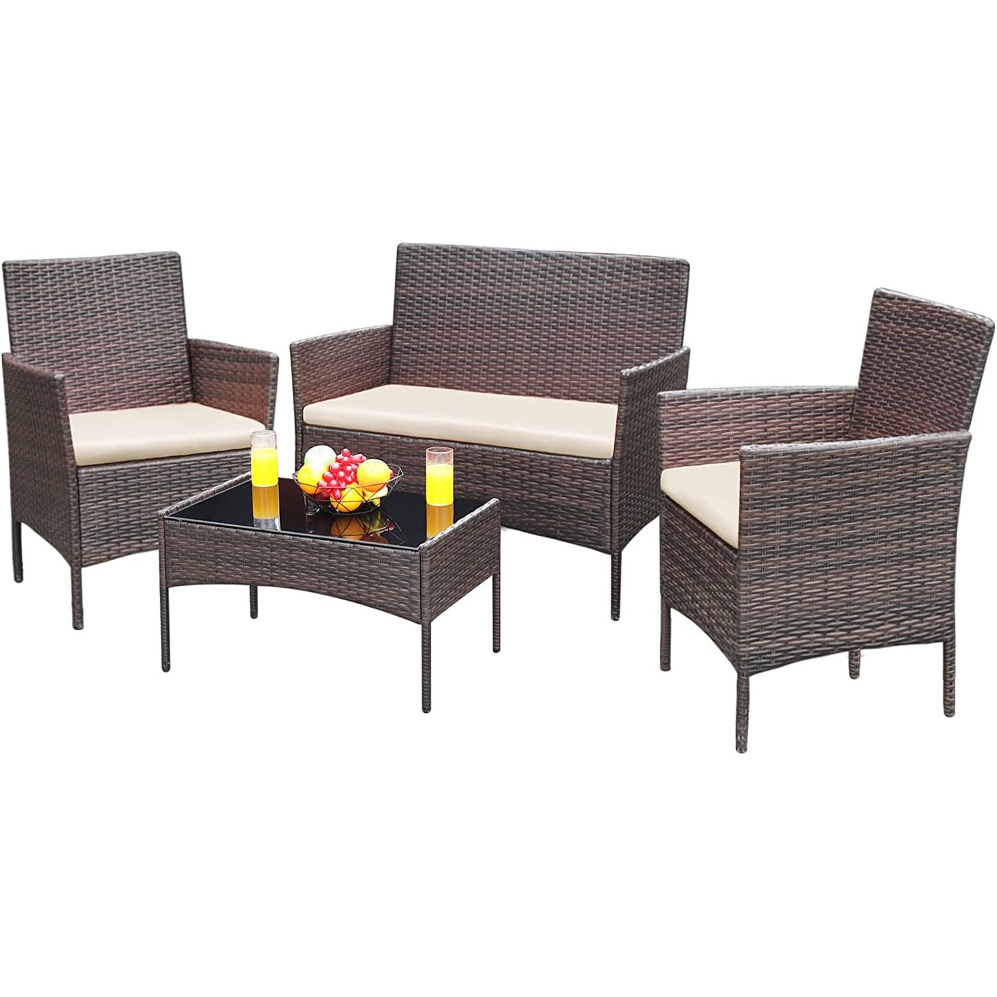 Patio Watcher Patio Furniture 4 Pieces Conversation Sets Outdoor Wicker Rattan Chairs Garden Backyard Balcony Porch Poolside loveseat with Soft Cushion and Glass Table