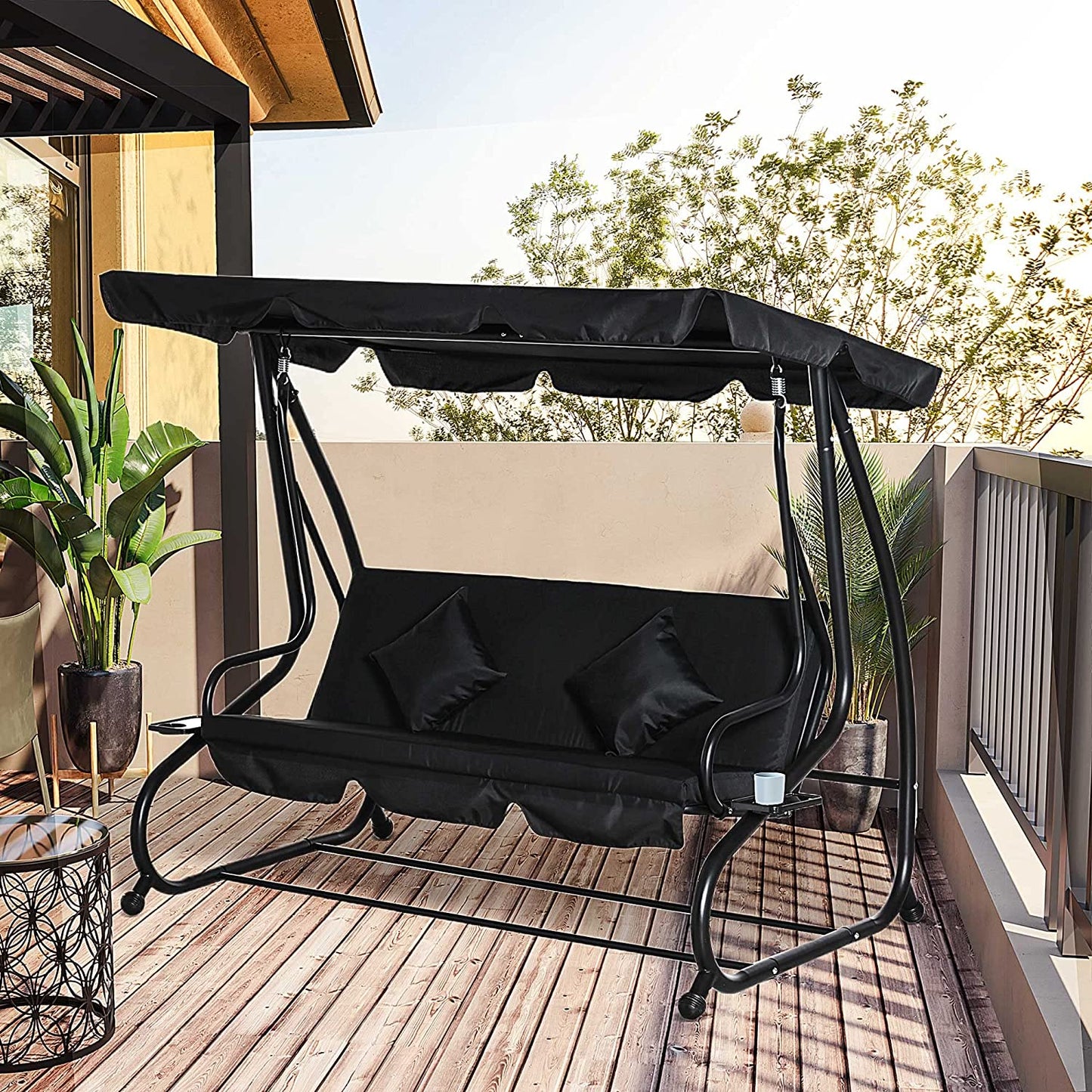 Patio Watcher 3 Seat Outdoor Free Standing Swing Bench Porch Swing with Cup