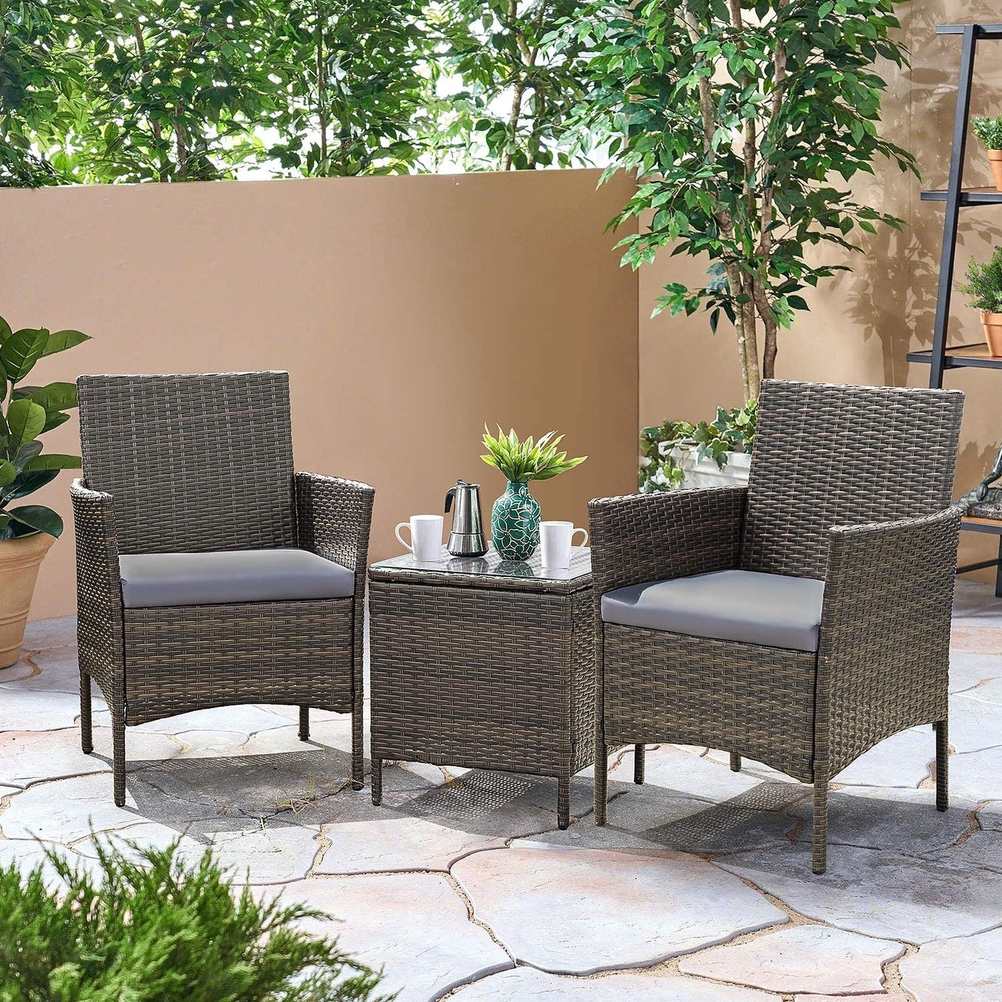 Patio Watcher Patio Porch Furniture Sets 3 Pieces PE Rattan Wicker Chairs with Table Outdoor Garden Furniture Sets