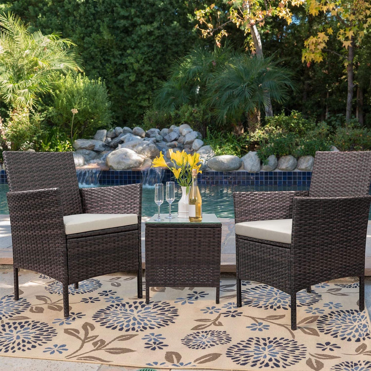 Patio Watcher Patio Porch Furniture Sets 3 Pieces PE Rattan Wicker Chairs with Table Outdoor Garden Furniture Sets