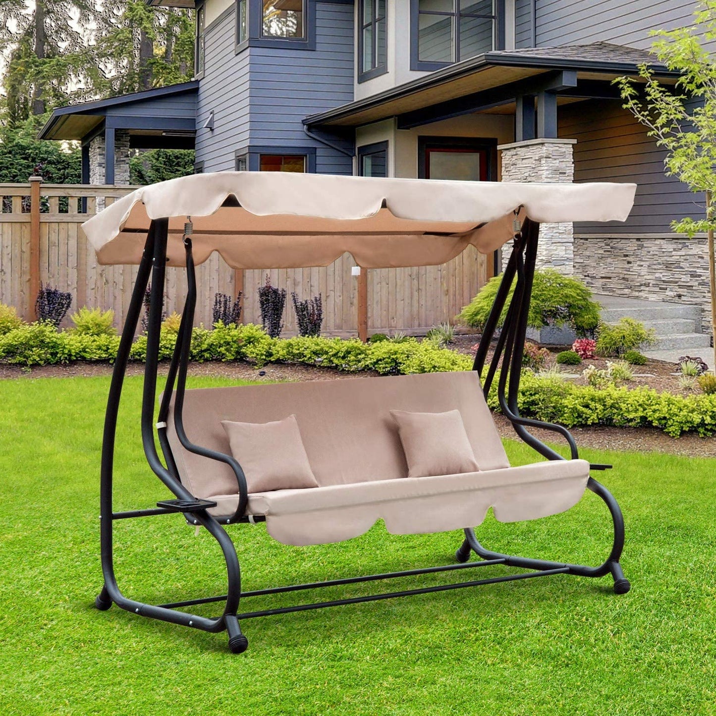 Patio Watcher 3 Seat Outdoor Free Standing Swing Bench Porch Swing with Cup