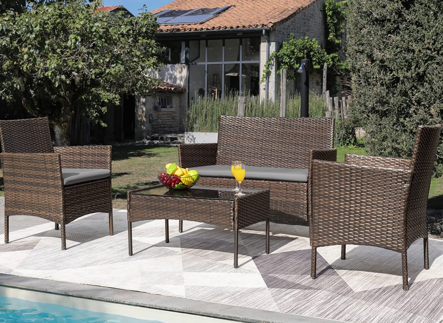 Patio Watcher Patio Furniture 4 Pieces Conversation Sets Outdoor Wicker Rattan Chairs Garden Backyard Balcony Porch Poolside loveseat with Soft Cushion and Glass Table