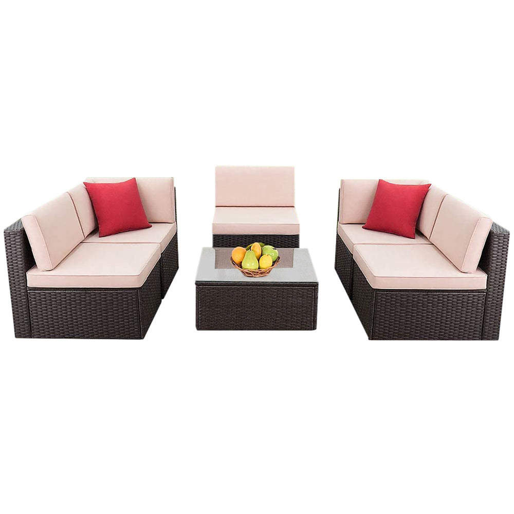 Patio Watcher Patio Furniture Sets 6 Pieces Outdoor Sectional Rattan Sofa Manual Weaving Wicker Patio Conversation Set with Glass Table and Cushion