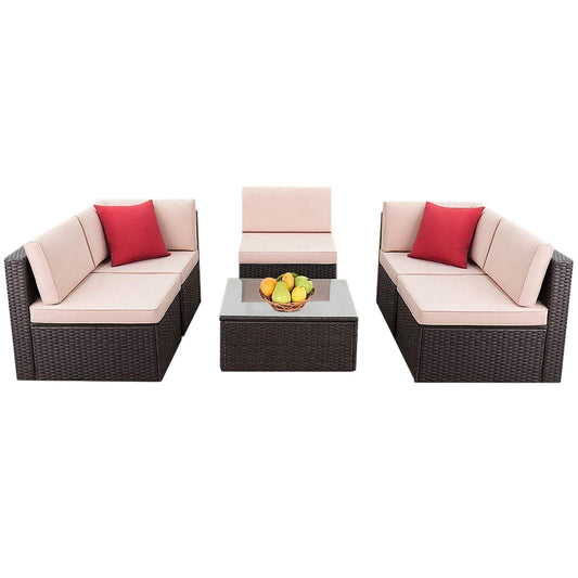 Patio Watcher Patio Furniture Sets 6 Pieces Outdoor Sectional Rattan Sofa Manual Weaving Wicker Patio Conversation Set with Glass Table and Cushion