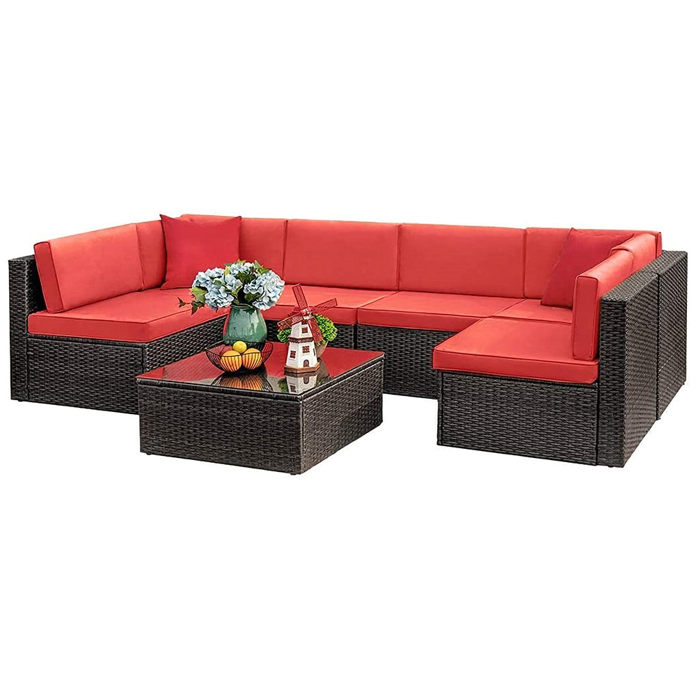 Patio Watcher 7 Pieces Outdoor Sectional Sofa Patio Furniture Sets Manual Weaving Wicker Rattan Patio Conversation Sets with Cushion and Glass Table