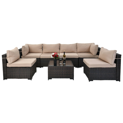 Patio Watcher 7 Pieces Outdoor Sectional Sofa Patio Furniture Sets Manual Weaving Wicker Rattan Patio Conversation Sets with Cushion and Glass Table