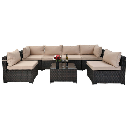 Patio Watcher 7 Pieces Outdoor Sectional Sofa Patio Furniture Sets Manual Weaving Wicker Rattan Patio Conversation Sets with Cushion and Glass Table