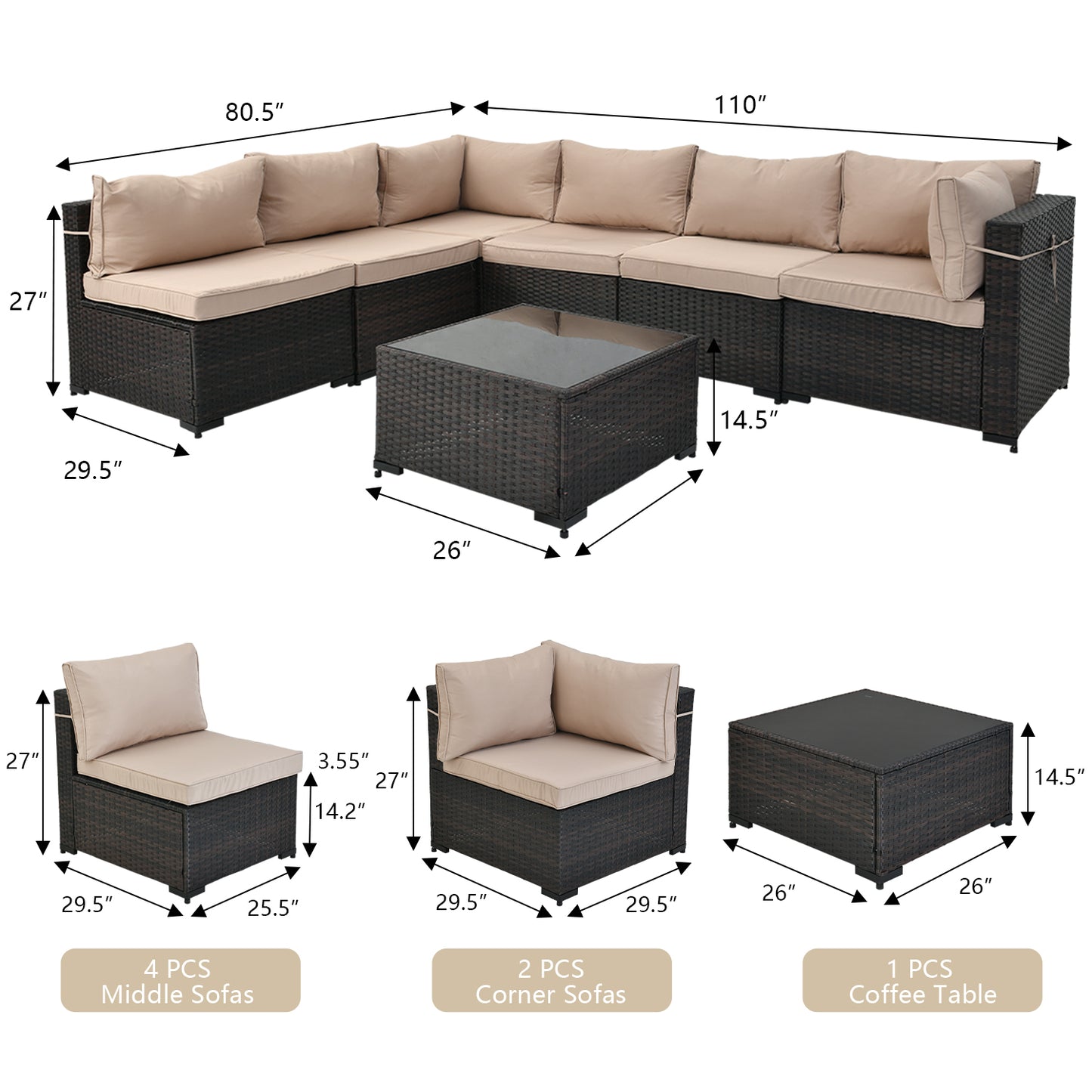 Patio Watcher 7 Pieces Outdoor Sectional Sofa Patio Furniture Sets Manual Weaving Wicker Rattan Patio Conversation Sets with Cushion and Glass Table