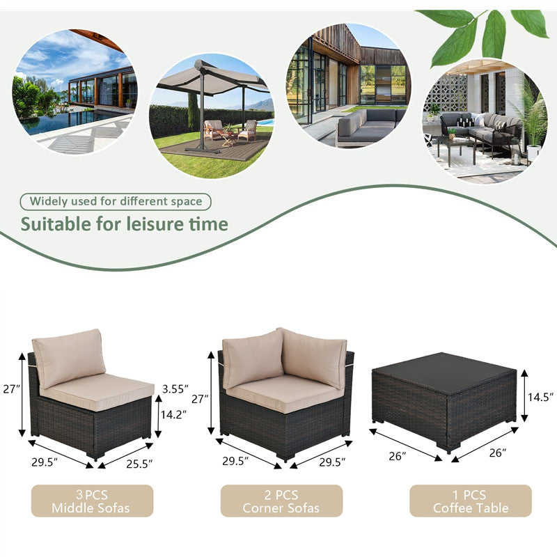 Patio Watcher Patio Furniture Sets 6 Pieces Outdoor Sectional Rattan Sofa Manual Weaving Wicker Patio Conversation Set with Glass Table and Cushion